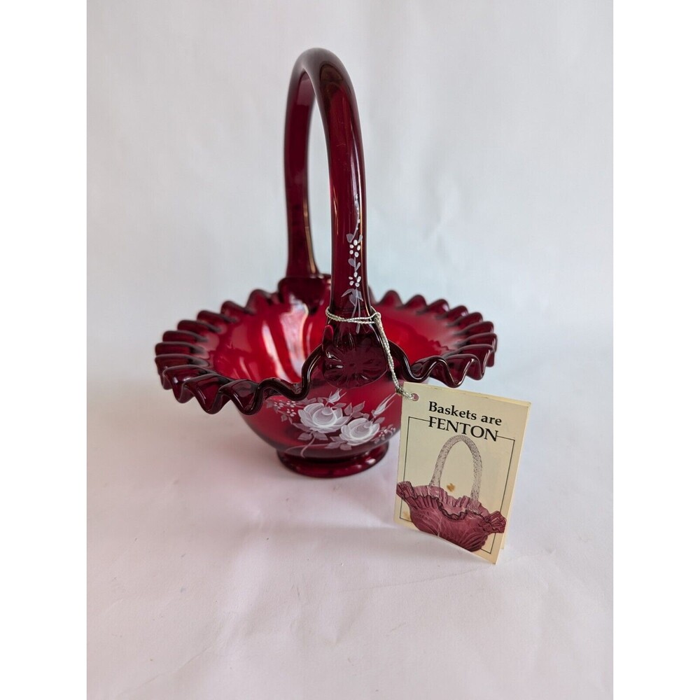 Vintage Fenton Art Glass Basket Ruby Red Hand Painted White Roses 7 1/2" Tall
